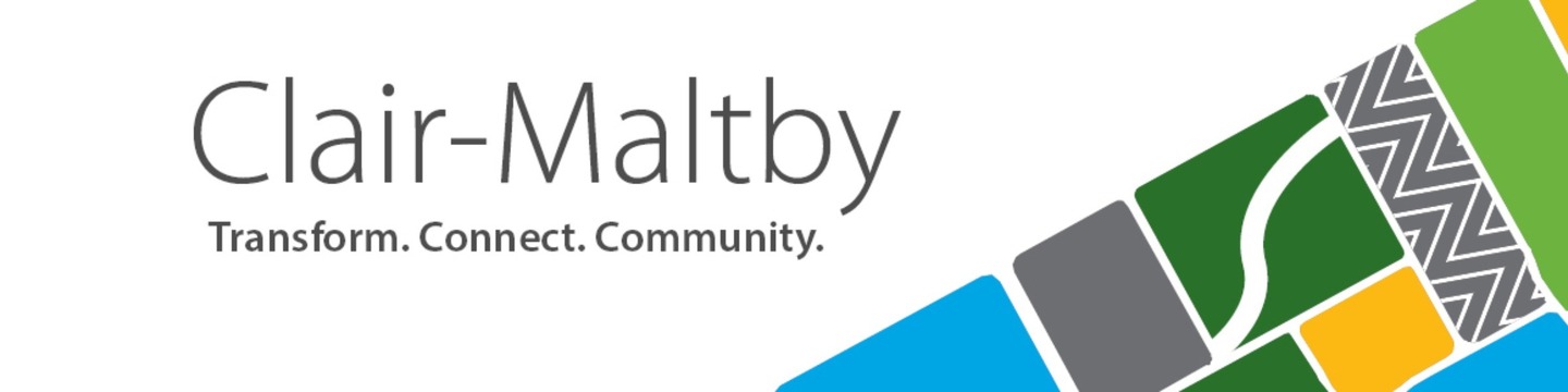 The image shows the logo for Clair-Maltby, featuring the text 'Clair-Maltby' in large font and 'Transform. Connect. Community.' in smaller font below it. The right side of the image has a pattern of colorful geometric shapes including blue, gray, green, yellow, and white with various designs.