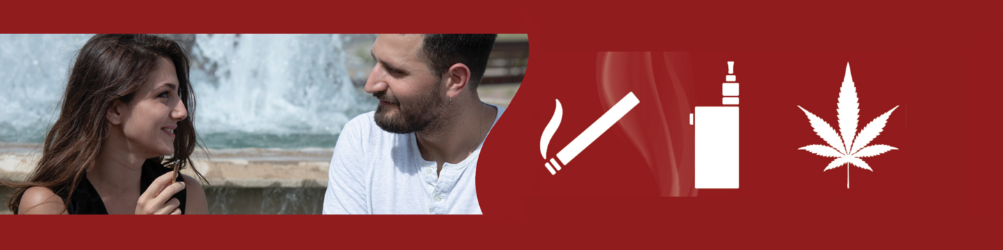 Two people with blurred faces sit in front of a fountain. One person is holding an object near their mouth, possibly a vape or cigarette. On the right side, there are three white icons on a red background: a smoking cigarette, a vape device, and a cannabis leaf.