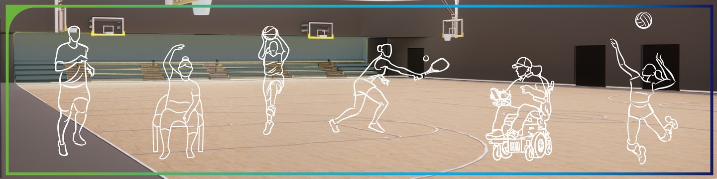 Rendering of a bright indoor gym with basketball hoops and wooden flooring, overlaid with white line-art figures playing various sports, including basketball, volleyball, tennis, and a seated workout.