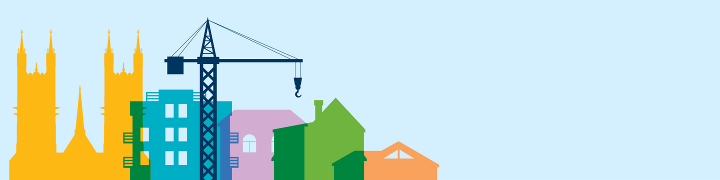 The image shows a colorful cityscape with various buildings and a construction crane. On the left, there is a yellow cathedral with tall spires. Next to it, there are several modern buildings in blue and teal colors. A dark blue construction crane stands prominently in the center of the image, with its hook hanging down. To the right of the crane, there are houses in green, purple, and orange colors against a light blue sky background.