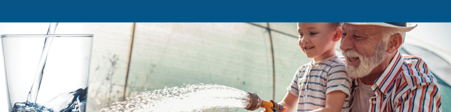 A split-screen image showing a glass of water being filled on the left, and an elderly person helping a child water plants with a hose on the right, set in front of a greenhouse. A blue horizontal bar runs across the top, and gray building silhouettes line the bottom