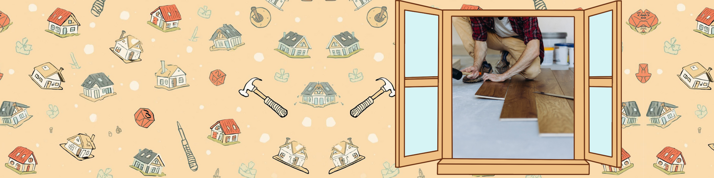 On a peach background with drawings of houses and tools, there is an open window that shows a photo of someone installing floor boards
