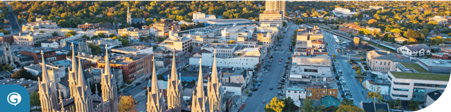 Downtown Guelph as seen from behind the spires of the Basilica.
