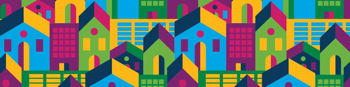 Colourful graphic of many houses and apartment buildings