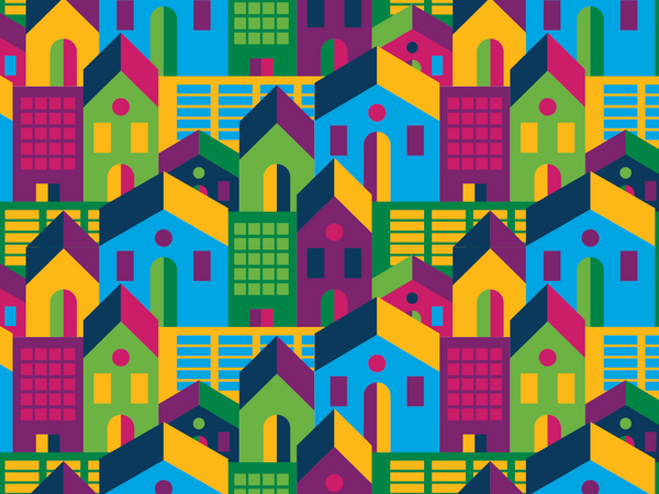 Colourful graphic of many houses and apartment buildings