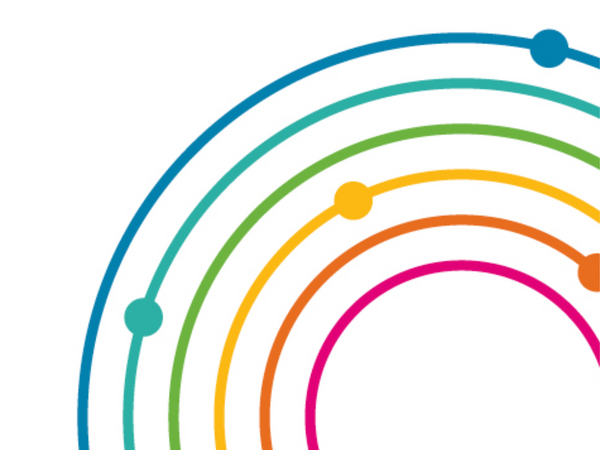 A semi circle of parallel colourful lines on a white background