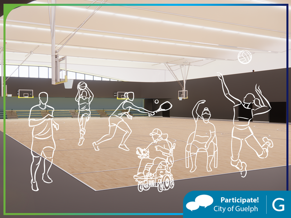 Rendering of a bright indoor gym with basketball hoops and wooden flooring, overlaid with white line-art figures playing various sports, including basketball, volleyball, tennis, and a seated workout. Text in bottom right corner reads: ‘Participate! City of Guelph.