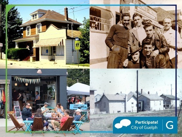 A collage of four photographs, from top left clockwise: A red brick house behind a small shop with a false front and striped overhang; a group of six people posing in front of Valeriote's Groceteria; a row of single-storey houses along a diverging rail line; a group of people sitting in low chairs in a circle in front of a store with a large opening.