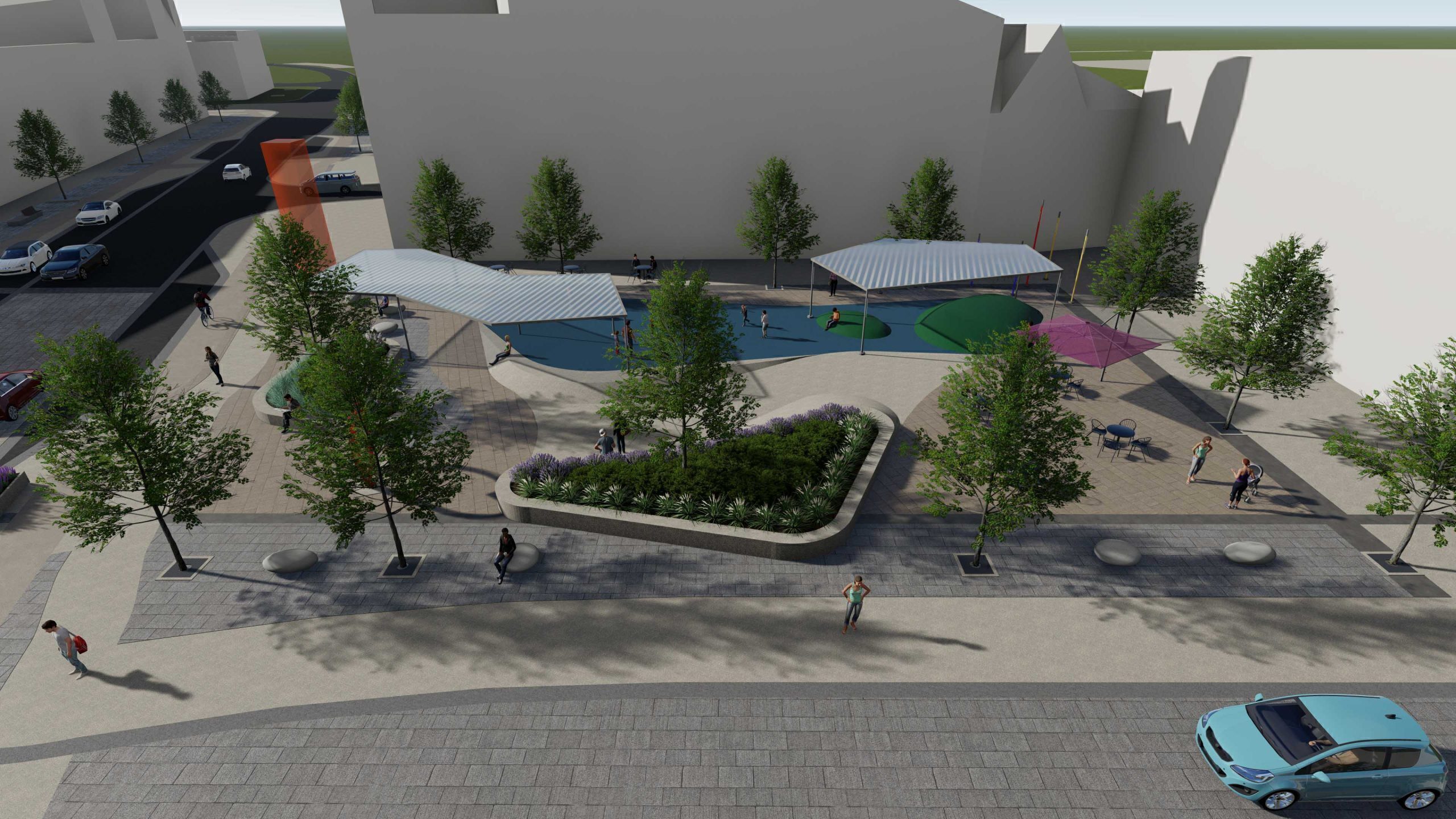 Southwest section rending featuring a play area and shade