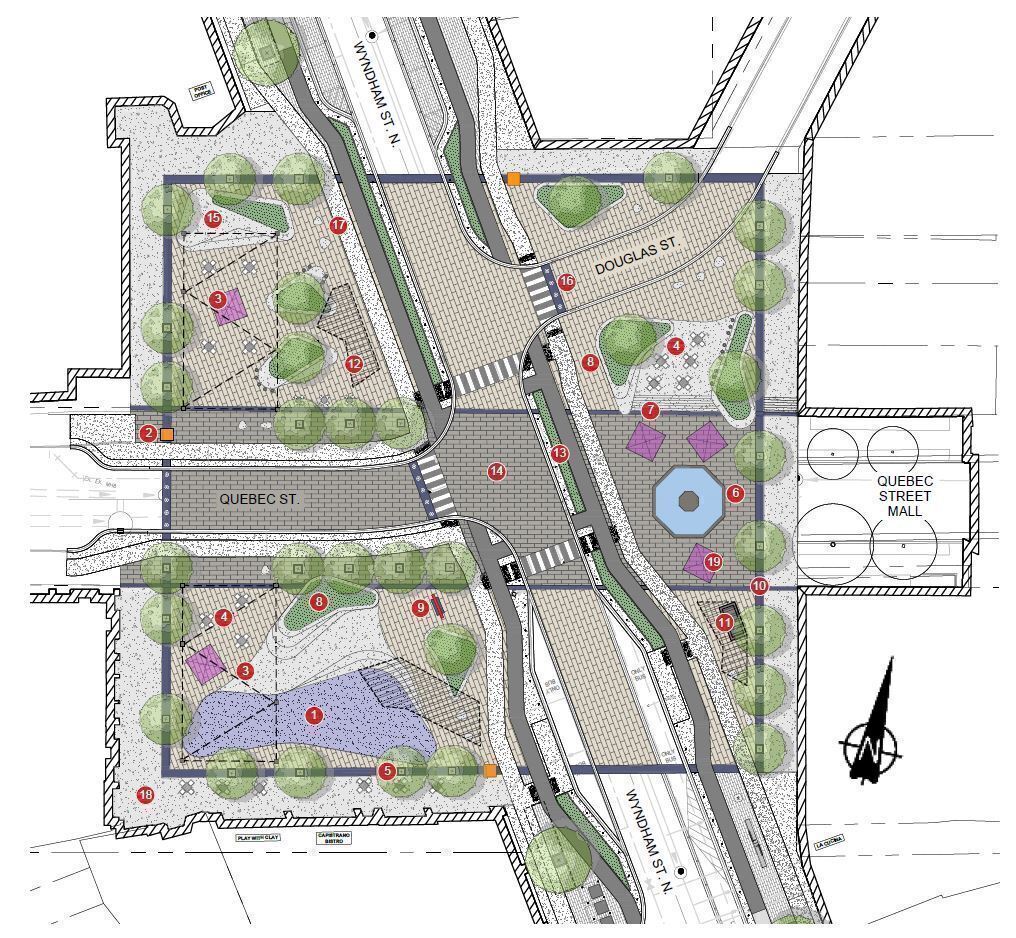 Overhead view of St George's Square design indicating the location of  various elements itemized below