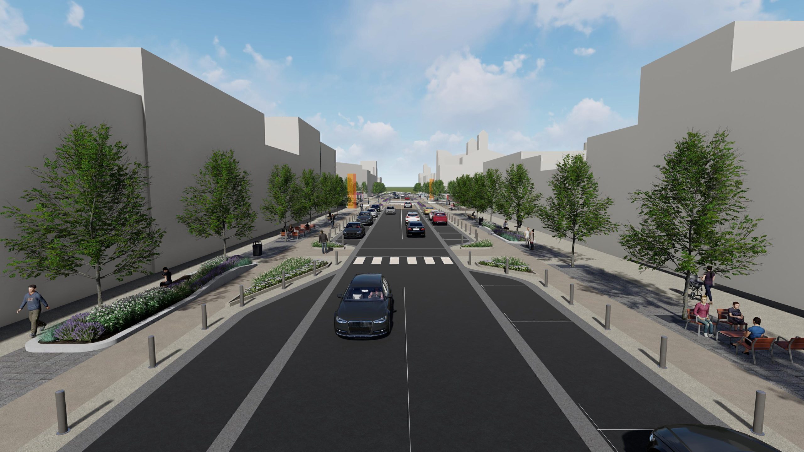 Rendering of Wynhdam street design with one lane of vehicle traffic in each direction, curb-side parkin along one side and a bus stop on the other.  Dedicated cycle tracks are separated from the road by bollards, and a garden and patio area lays between the cycle track and pedestrian areas.