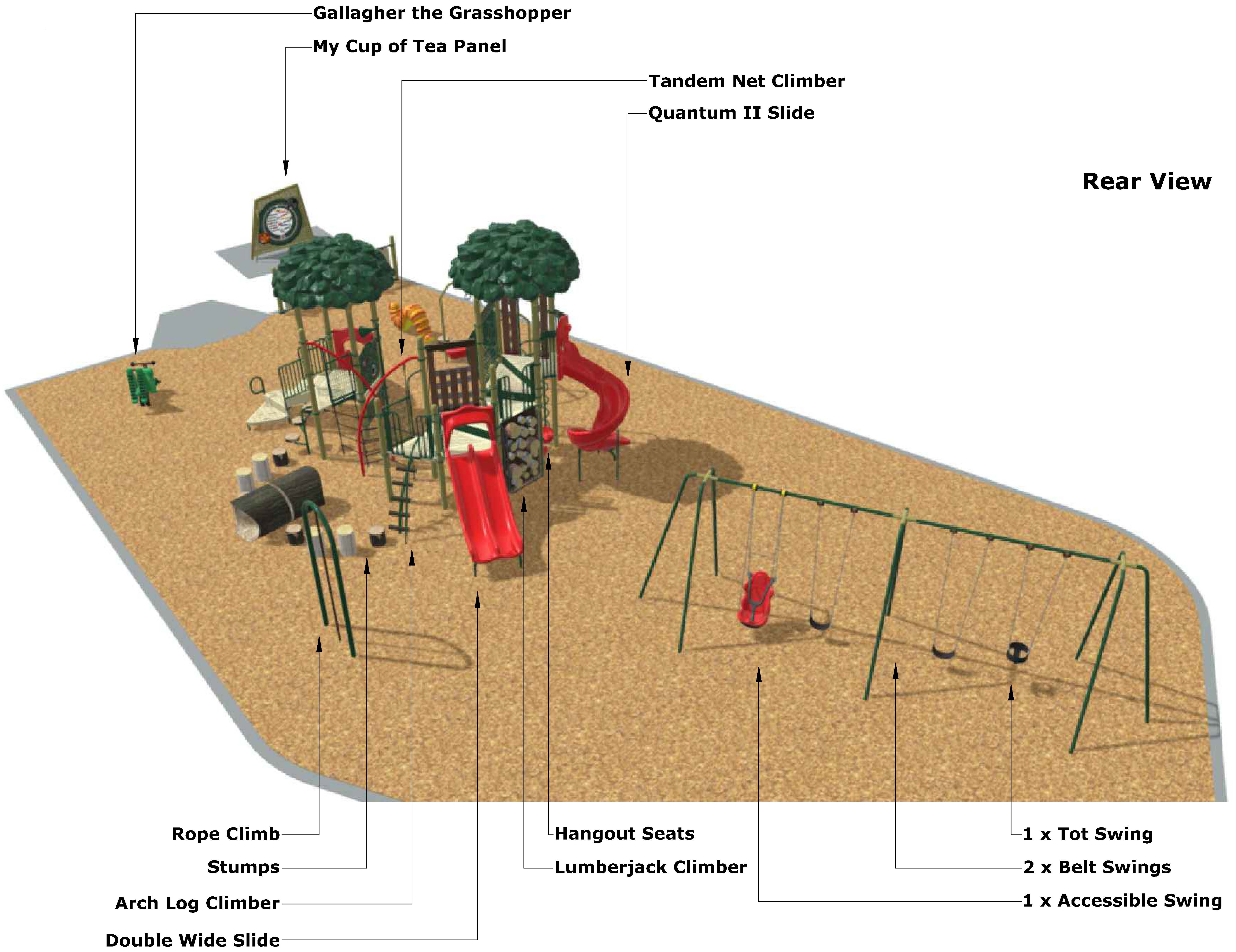A perspective rendering showing the final playground equipment for Drew Park. This image shows the rear view of the equipment, which is coloured in forest green, red, sand and tan. Play equipment includes a large deck play structure, at grade play elements and swings. The play structure includes a transfer station, slides, and several play panels and climbers. The grade play elements include stepping stumps, crawl logs, play panels and a rope climb. The swings include two belt swings, one inclusive swing, and one toddler swing.