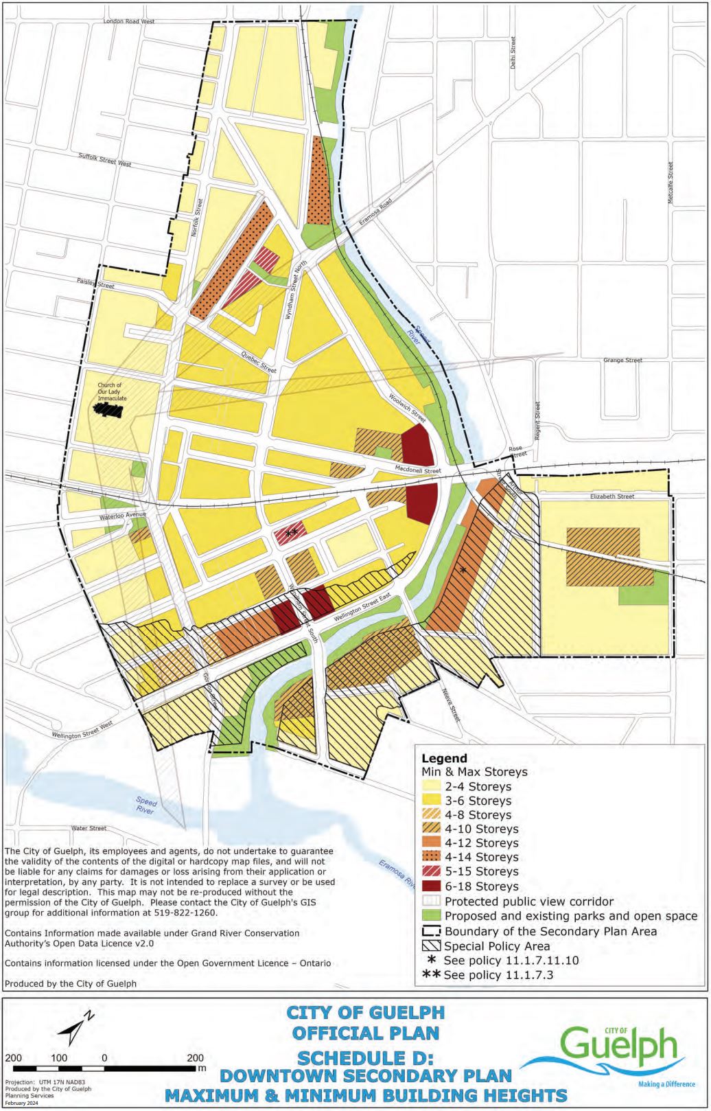 Current height restrictions in the Downtown indicating most height (up to 18 stories) around the river and lower heights permitted closer to the basilica with the exception of more height in the Baker District (up to 14 stories)