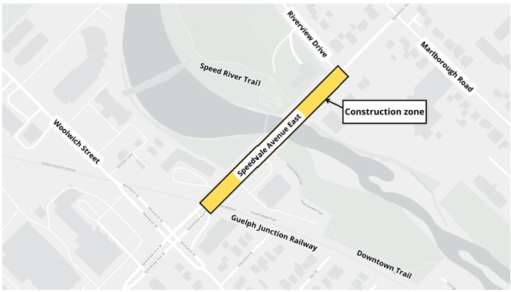 An aerial image of the map of the construction area on Speedvale Avenue East.