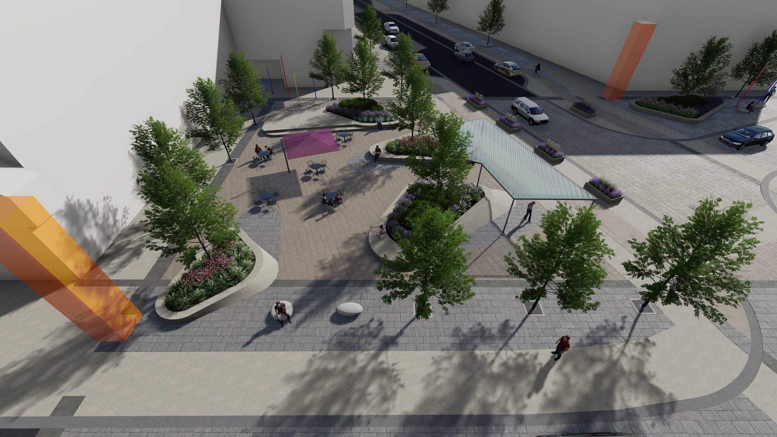 Northwest section rendering featuring event space and a raised stage area