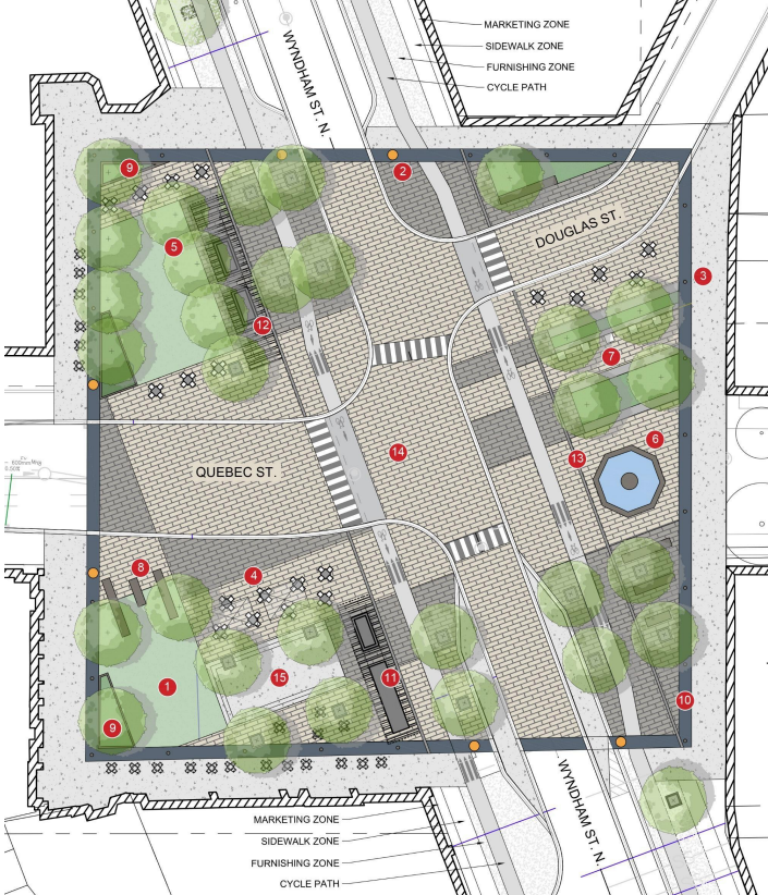 Design Option A with an event space in the Soutwest plaza, the fountain relocated infront of Old Quebec shops and a park space located near the post office.