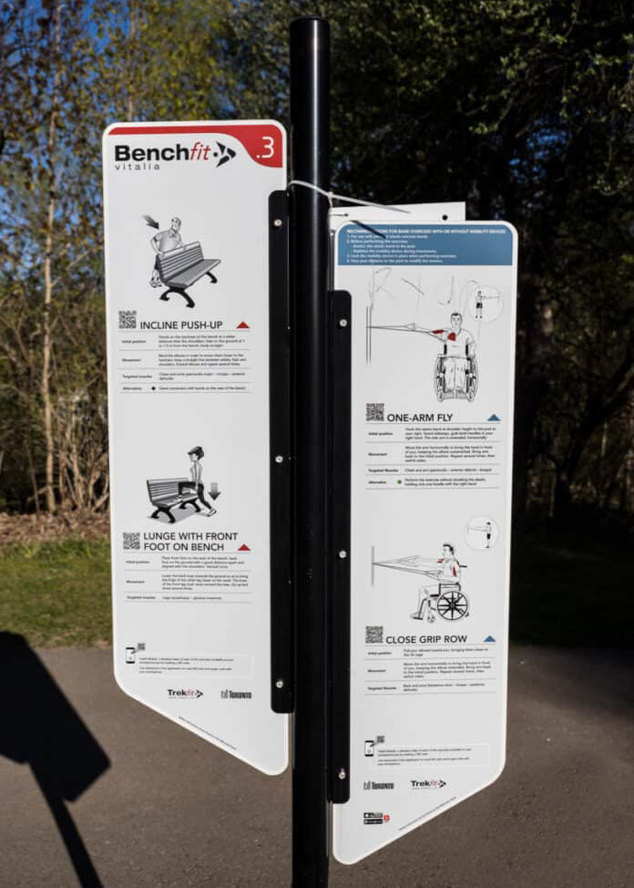 The image shows a two panel fitness workout instruction sign. The two-panel fitness signage offers illustrated workout instructions, featuring exercises like step-ups, tricep dips, and incline push-ups, along with adapted movements designed for users with mobility devices.