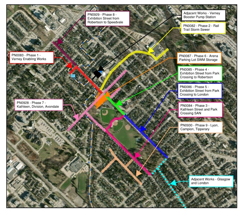 A map of the streets surrounding Exhibition Park showing a 9-phase program of works