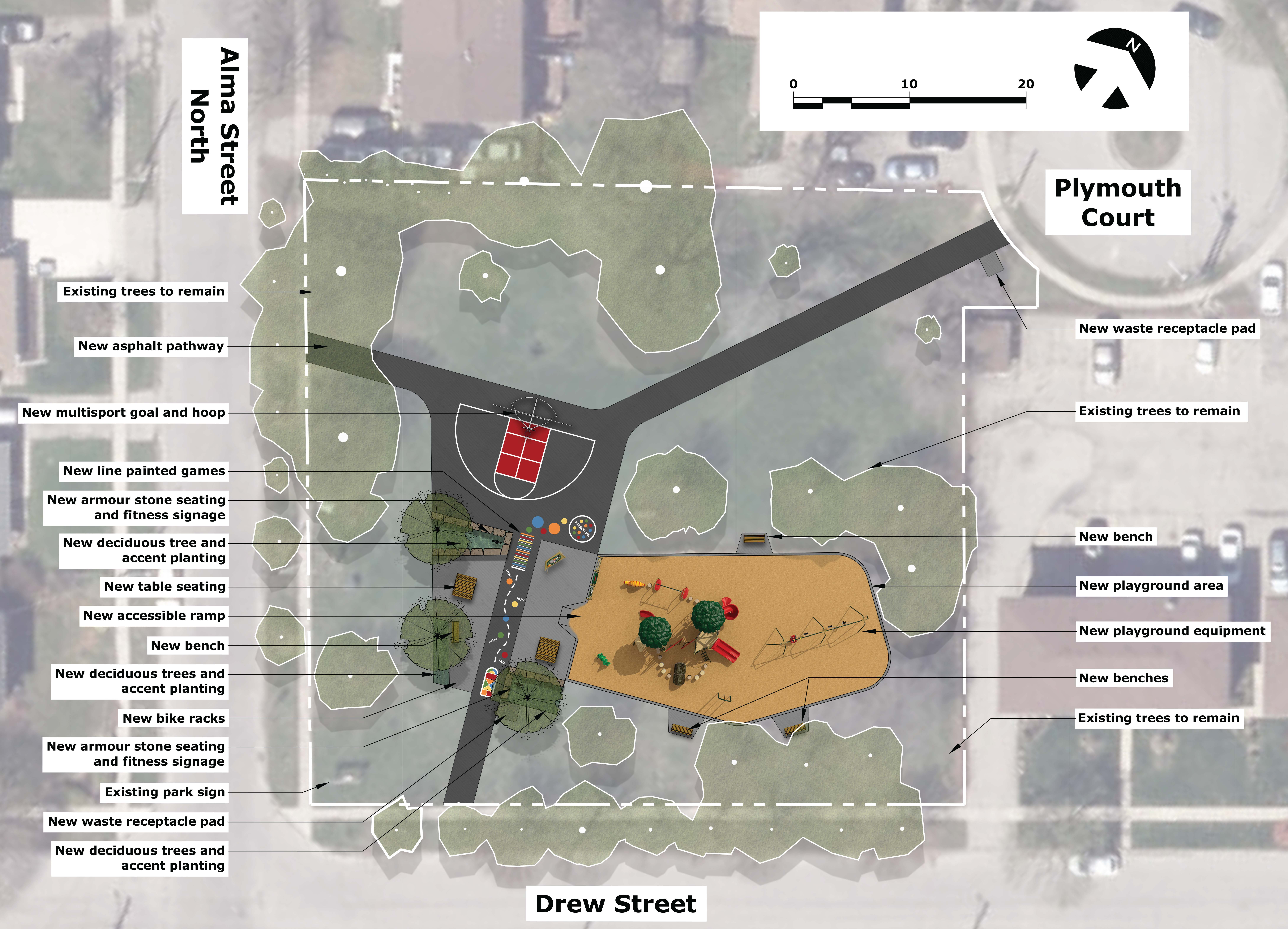 An aerial plan view of Drew Park showing the replacement playground equipment and proposed park improvements. Improvements are labeled and include expanded playground area, playground equipment, accessible ramp,, multisport goal and hoop, line painted games, benches, table seating, armour stone seating, fitness signage, deciduous trees, accent planting, asphalt pathway, bike racks and waste receptacle pads.