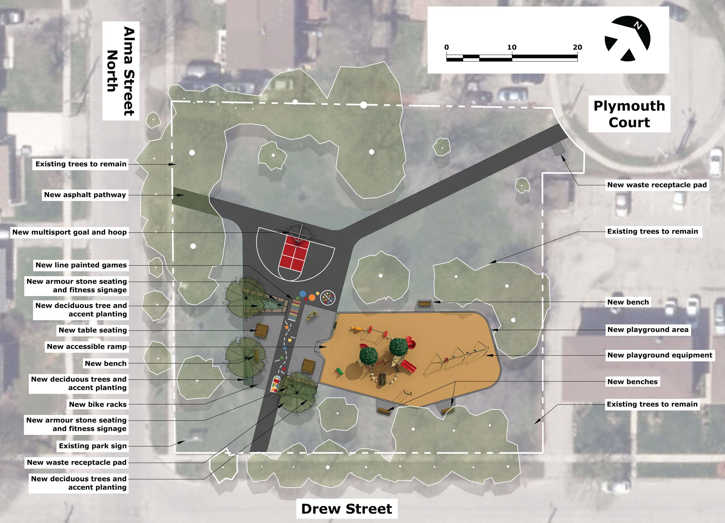 An aerial plan view of Drew Park showing the replacement playground equipment and proposed park improvements. Improvements are labeled and include expanded playground area, playground equipment, accessible ramp,, multisport goal and hoop, line painted games, benches, table seating, armour stone seating, fitness signage, deciduous trees, accent planting, asphalt pathway, bike racks and waste receptacle pads.