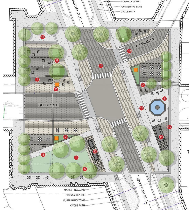 Design concept B showing an event space near the post office with a trellace over an open gathering area, tierd seating and the fountain infront of Old Quebec Shops, a washroom located in the South East corner and a park space in the South West plaza