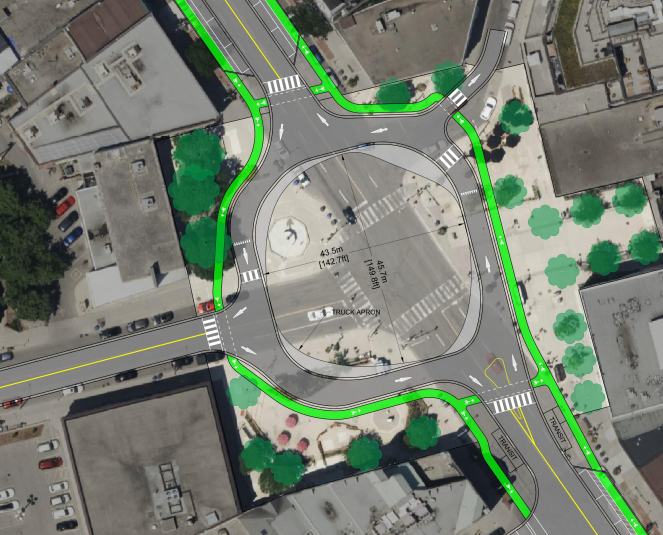 A traffic circle with event space in the middle as envisioned in the 2014 Downtown Secondary plan.