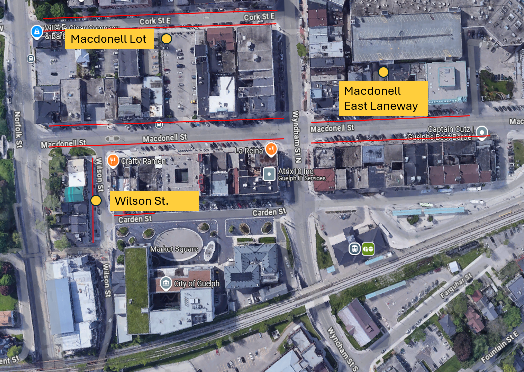 Satellite image of Downtown showing the three site locations and highlighting eligible participants along Cork Street E, Macdonell between Norfolk and Guelph Central Station, Wilson Street, and Carden street close to Wilson.