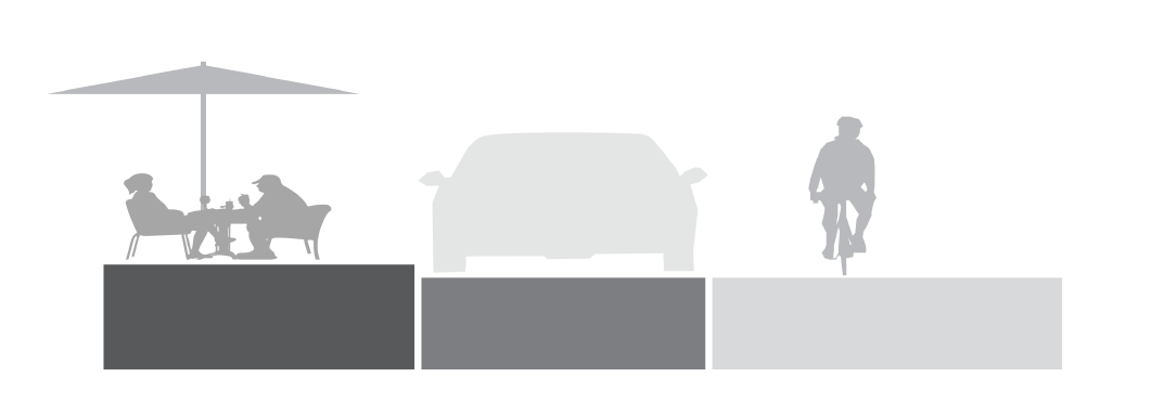 a street cross section with a patio next to parallel parking next to a single lane of traffic that shares space between mororists and cyclists