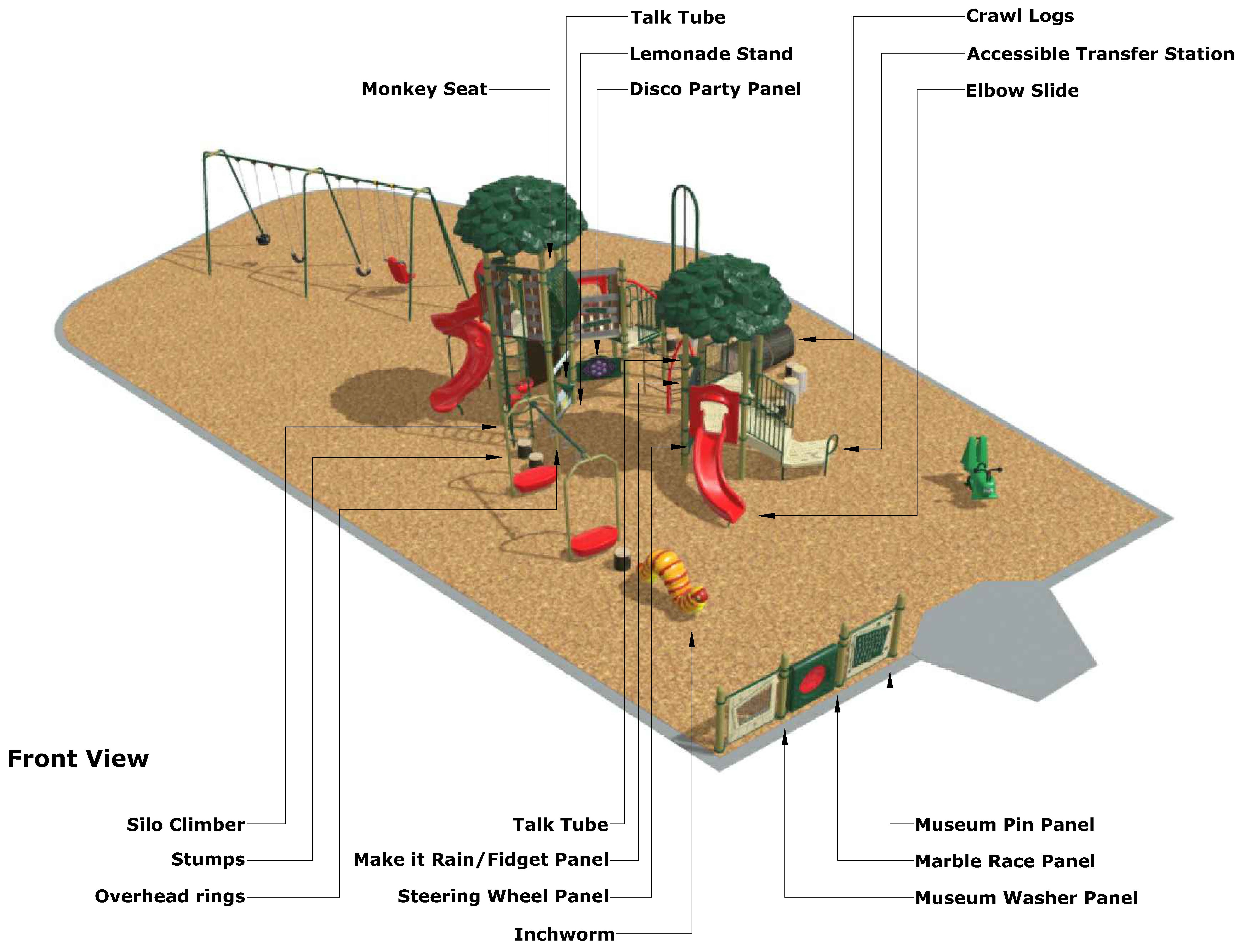 A perspective rendering showing the final playground equipment for Drew Park. This image shows the front view of the equipment, which is coloured in forest green, red, sand and tan. Play equipment includes a large deck play structure, at grade play elements and swings. The play structure includes a transfer station, slides, monkey bars and several play panels and climbers. The grade play elements includes stepping stumps, overhead rings and an inchworm climber. The swings include two belt swings, one inclusive swing, and one toddler swing.